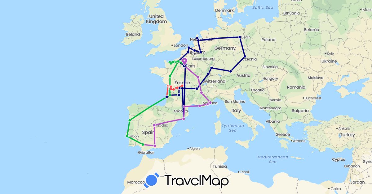 TravelMap itinerary: driving, bus, train, hiking in Belgium, Czech Republic, Germany, Spain, France, Monaco, Netherlands, Portugal (Europe)